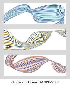 Líneas onduladas o cintas. Conjunto de 3 fondos. Degradado de rayas multicolores. Fondo creativo inusual con líneas de onda de gradiente abstracto para crear un Anuncio de moda, cartel. eps de Vector