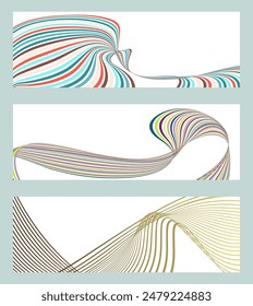 Wavy lines or ribbons. Set of 3 backgrounds. Multicolored striped gradient. Creative unusual background with abstract gradient wave lines to create a trendy banner, poster. vector eps