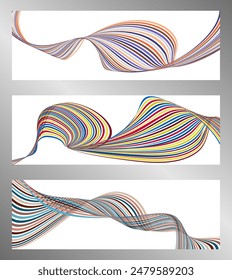 Líneas onduladas o cintas. Conjunto de 3 fondos. Degradado de rayas multicolores. Fondo creativo inusual con líneas de onda de gradiente abstracto para crear un Anuncio de moda, cartel. eps de Vector