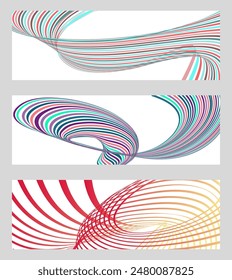 Wavy lines or ribbons. Set of 3 backgrounds. Multicolored striped gradient. Creative unusual background with abstract gradient wave lines to create a trendy banner, poster. vector eps