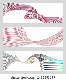 Wavy lines or ribbons. Set of 3 backgrounds. Multicolored striped gradient. Creative unusual background with abstract gradient wave lines to create a trendy banner, poster. vector eps