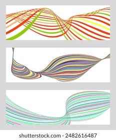 Wavy lines or ribbons. Set of 3 backgrounds. Multicolored striped gradient. Creative unusual background with abstract gradient wave lines to create a trendy banner, poster. vector eps