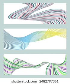 Wavy lines or ribbons. Set of 3 backgrounds. Multicolored striped gradient. Creative unusual background with abstract gradient wave lines to create a trendy banner, poster. vector eps