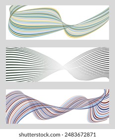 Wavy lines or ribbons. Set of 3 backgrounds. Multicolored striped gradient. Creative unusual background with abstract gradient wave lines to create a trendy banner, poster. vector eps
