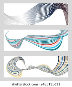 Wavy lines or ribbons. Set of 3 backgrounds. Multicolored striped gradient. Creative unusual background with abstract gradient wave lines to create a trendy banner, poster. vector eps