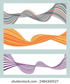 Líneas onduladas o cintas. Conjunto de 3 fondos. Degradado de rayas multicolores. Fondo creativo inusual con líneas de onda de gradiente abstracto para crear un Anuncio de moda, cartel. eps de Vector