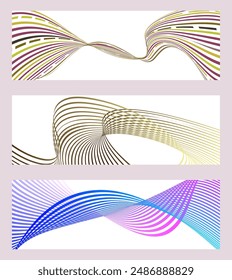 Líneas onduladas o cintas. Conjunto de 3 fondos. Degradado de rayas multicolores. Fondo creativo inusual con líneas de onda de gradiente abstracto para crear un Anuncio de moda, cartel. eps de Vector