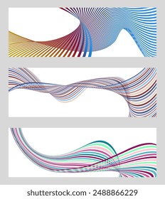 Wavy lines or ribbons. Set of 3 backgrounds. Multicolored striped gradient. Creative unusual background with abstract gradient wave lines to create a trendy banner, poster. vector eps