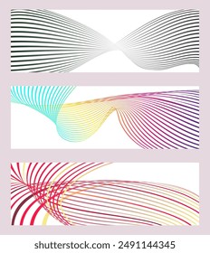 Wavy lines or ribbons. Set of 3 backgrounds. Multicolored striped gradient. Creative unusual background with abstract gradient wave lines to create a trendy banner, poster. vector eps