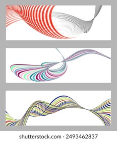 Líneas onduladas o cintas. Conjunto de 3 fondos. Degradado de rayas multicolores. Fondo creativo inusual con líneas de onda de gradiente abstracto para crear un Anuncio de moda, cartel. eps de Vector