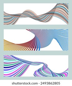 Wavy lines or ribbons. Set of 3 backgrounds. Multicolored striped gradient. Creative unusual background with abstract gradient wave lines to create a trendy banner, poster. vector eps