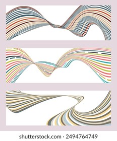 Wavy lines or ribbons. Set of 3 backgrounds. Multicolored striped gradient. Creative unusual background with abstract gradient wave lines to create a trendy banner, poster. vector eps