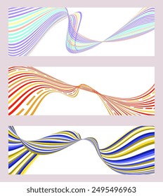 Wavy lines or ribbons. Set of 3 backgrounds. Multicolored striped gradient. Creative unusual background with abstract gradient wave lines to create a trendy banner, poster. vector eps
