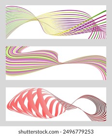 Wavy lines or ribbons. Set of 3 backgrounds. Multicolored striped gradient. Creative unusual background with abstract gradient wave lines to create a trendy banner, poster. vector eps