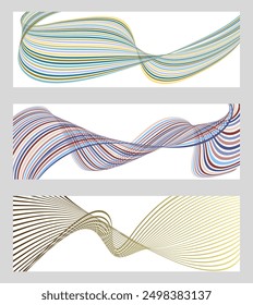 Wavy lines or ribbons. Set of 3 backgrounds. Multicolored striped gradient. Creative unusual background with abstract gradient wave lines to create a trendy banner, poster. vector eps
