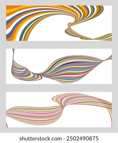 Líneas onduladas o cintas. Conjunto de 3 fondos. Gradiente de rayas multicolor. Fondo inusual creativo con líneas de onda de gradiente abstractas para crear un Anuncio de moda, póster. Vector eps