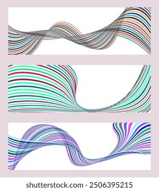 Líneas onduladas o cintas. Conjunto de 3 fondos. Gradiente de rayas multicolor. Fondo inusual creativo con líneas de onda de gradiente abstractas para crear un Anuncio de moda, póster. Vector eps