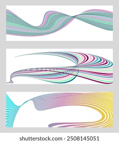 Líneas onduladas o cintas. Conjunto de 3 fondos. Gradiente de rayas multicolor. Fondo inusual creativo con líneas de onda de gradiente abstractas para crear un Anuncio de moda, póster. Vector eps