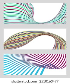 Líneas onduladas o cintas. Conjunto de 3 fondos. Gradiente de rayas multicolor. Fondo inusual creativo con líneas de onda de gradiente abstractas para crear un Anuncio de moda, póster. Vector eps
