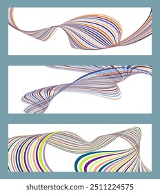 Wavy lines or ribbons. Set of 3 backgrounds. Multicolored striped gradient. Creative unusual background with abstract gradient wave lines to create a trendy banner, poster. vector eps