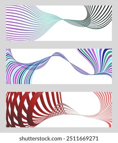 Líneas onduladas o cintas. Conjunto de 3 fondos. Gradiente de rayas multicolor. Fondo inusual creativo con líneas de onda de gradiente abstractas para crear un Anuncio de moda, póster. Vector eps