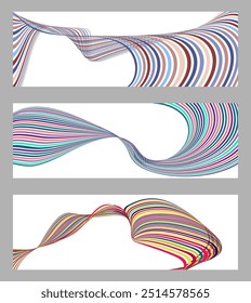 Wavy lines or ribbons. Set of 3 backgrounds. Multicolored striped gradient. Creative unusual background with abstract gradient wave lines to create a trendy banner, poster. vector eps