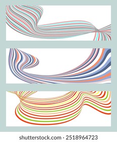 Linhas ou fitas onduladas. Conjunto de 3 fundos. Gradiente listrado multicolorido. Fundo criativo incomum com linhas de onda de gradiente abstrato para criar um banner moderno, poster. eps vetor