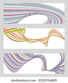 Wavy lines or ribbons. Set of 3 backgrounds. Multicolored striped gradient. Creative unusual background with abstract gradient wave lines to create a trendy banner, poster. vector eps