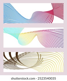 Wavy lines or ribbons. Set of 3 backgrounds. Multicolored striped gradient. Creative unusual background with abstract gradient wave lines to create a trendy banner, poster. vector eps