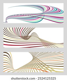Linhas ou fitas onduladas. Conjunto de 3 fundos. Gradiente listrado multicolorido. Fundo criativo incomum com linhas de onda de gradiente abstrato para criar um banner moderno, poster. eps vetor