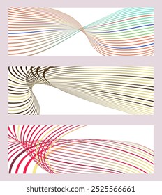 Wavy lines or ribbons. Set of 3 backgrounds. Multicolored striped gradient. Creative unusual background with abstract gradient wave lines to create a trendy banner, poster. vector eps