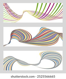 Wavy lines or ribbons. Set of 3 backgrounds. Multicolored striped gradient. Creative unusual background with abstract gradient wave lines to create a trendy banner, poster. vector eps