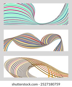 Wavy lines or ribbons. Set of 3 backgrounds. Multicolored striped gradient. Creative unusual background with abstract gradient wave lines to create a trendy banner, poster. vector eps