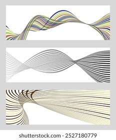 Líneas onduladas o cintas. Conjunto de 3 fondos. Gradiente de rayas multicolor. Fondo inusual creativo con líneas de onda de gradiente abstractas para crear un Anuncio de moda, póster. Vector eps
