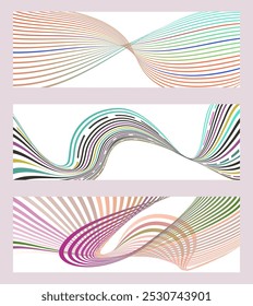 Wavy lines or ribbons. Set of 3 backgrounds. Multicolored striped gradient. Creative unusual background with abstract gradient wave lines to create a trendy banner, poster. vector eps