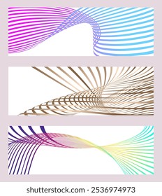 Wavy lines or ribbons. Set of 3 backgrounds. Multicolored striped gradient. Creative unusual background with abstract gradient wave lines to create a trendy banner, poster. vector eps