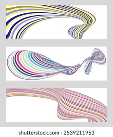 Wavy lines or ribbons. Set of 3 backgrounds. Multicolored striped gradient. Creative unusual background with abstract gradient wave lines to create a trendy banner, poster. vector eps