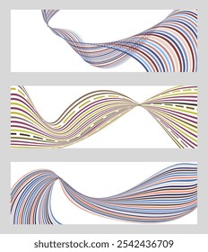 Wavy lines or ribbons. Set of 3 backgrounds. Multicolored striped gradient. Creative unusual background with abstract gradient wave lines to create a trendy banner, poster. vector eps