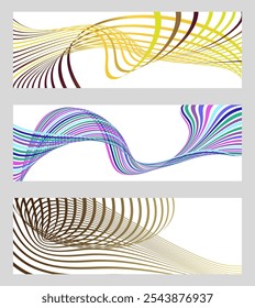 Wavy lines or ribbons. Set of 3 backgrounds. Multicolored striped gradient. Creative unusual background with abstract gradient wave lines to create a trendy banner, poster. vector eps