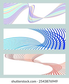 Wavy lines or ribbons. Set of 3 backgrounds. Multicolored striped gradient. Creative unusual background with abstract gradient wave lines to create a trendy banner, poster. vector eps