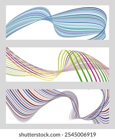 Wavy lines or ribbons. Set of 3 backgrounds. Multicolored striped gradient. Creative unusual background with abstract gradient wave lines to create a trendy banner, poster. vector eps