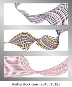 Wavy lines or ribbons. Set of 3 backgrounds. Multicolored striped gradient. Creative unusual background with abstract gradient wave lines to create a trendy banner, poster. vector eps