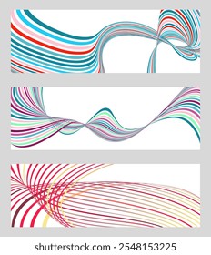 Wavy lines or ribbons. Set of 3 backgrounds. Multicolored striped gradient. Creative unusual background with abstract gradient wave lines to create a trendy banner, poster. vector eps