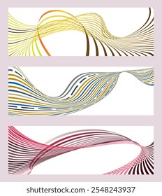 Wavy lines or ribbons. Set of 3 backgrounds. Multicolored striped gradient. Creative unusual background with abstract gradient wave lines to create a trendy banner, poster. vector eps