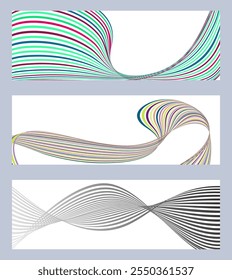 Linhas ou fitas onduladas. Conjunto de 3 fundos. Gradiente listrado multicolorido. Fundo criativo incomum com linhas de onda de gradiente abstrato para criar um banner moderno, poster. eps vetor