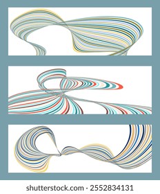 Wavy lines or ribbons. Set of 3 backgrounds. Multicolored striped gradient. Creative unusual background with abstract gradient wave lines to create a trendy banner, poster. vector eps