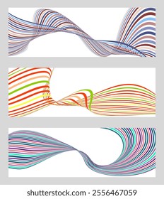 Wavy lines or ribbons. Set of 3 backgrounds. Multicolored striped gradient. Creative unusual background with abstract gradient wave lines to create a trendy banner, poster. vector eps