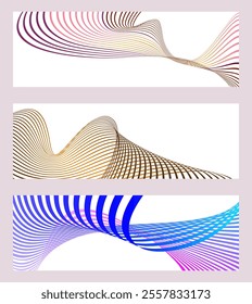 Wavy lines or ribbons. Set of 3 backgrounds. Multicolored striped gradient. Creative unusual background with abstract gradient wave lines to create a trendy banner, poster. vector eps