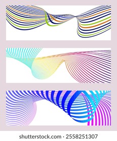 Wavy lines or ribbons. Set of 3 backgrounds. Multicolored striped gradient. Creative unusual background with abstract gradient wave lines to create a trendy banner, poster. vector eps