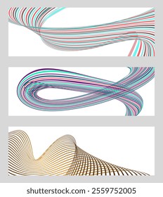 Wavy lines or ribbons. Set of 3 backgrounds. Multicolored striped gradient. Creative unusual background with abstract gradient wave lines to create a trendy banner, poster. vector eps